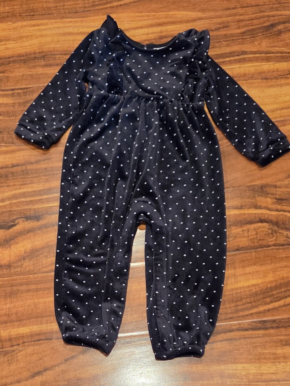 GAP Baby EUC 18-24 Months Black Polka Dot Velour One-Piece Romper